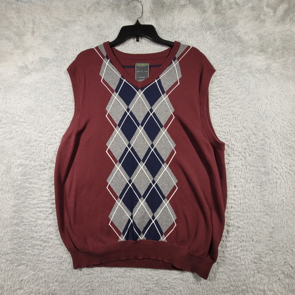 John Bartlett Sweater Vest Mens Large Burgundy Argyle Cotton V-Neck Striped Back